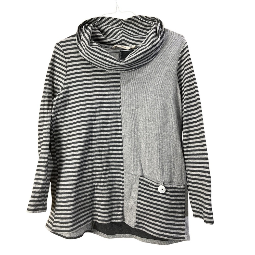Soft Surroundings Tunic Womens‎ L Gray Striped Cowl Neck Mixed Media Waffle Knit
